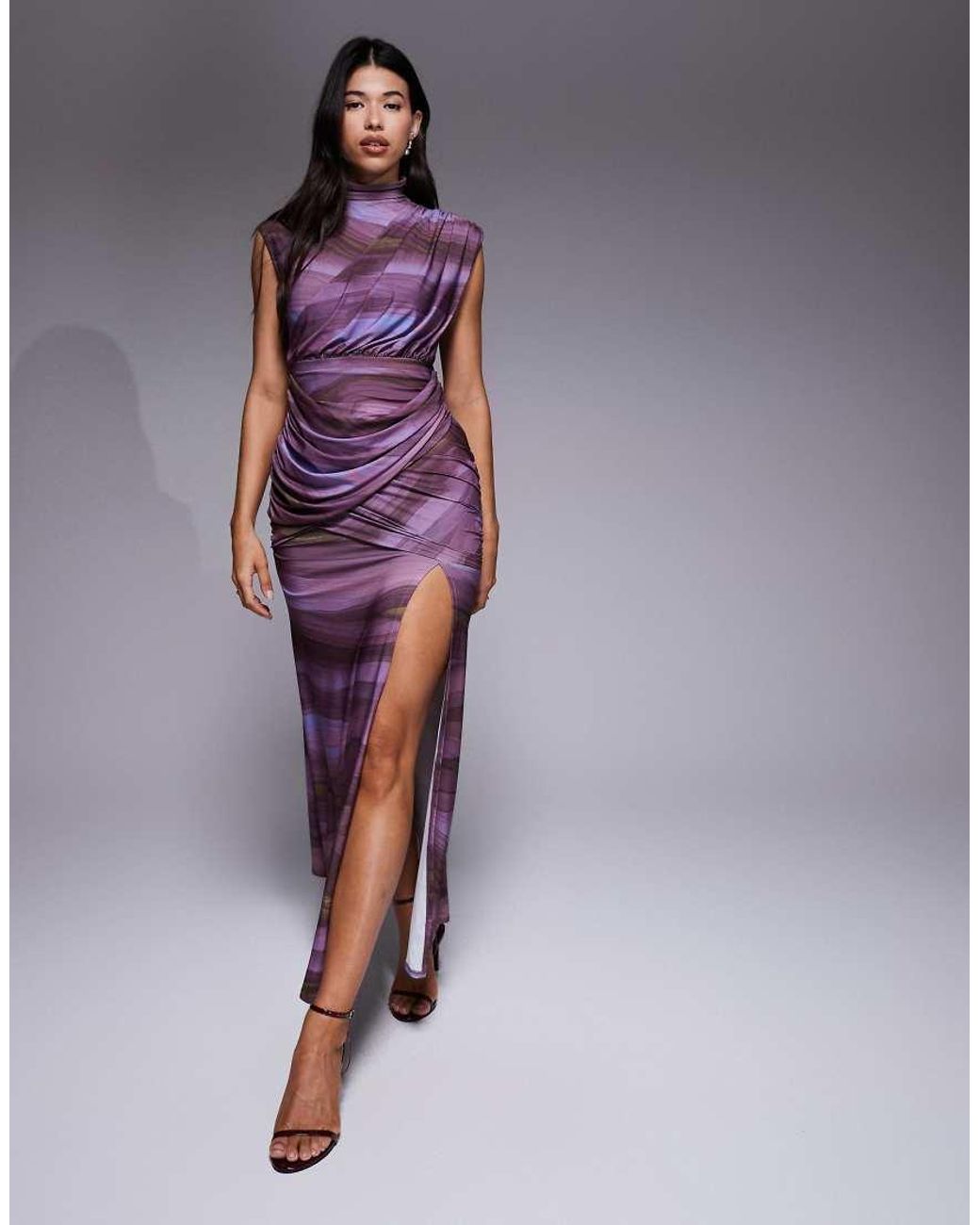 ASOS Purple Printed Maxi Dress With Drape Detail And Capped Sleeve