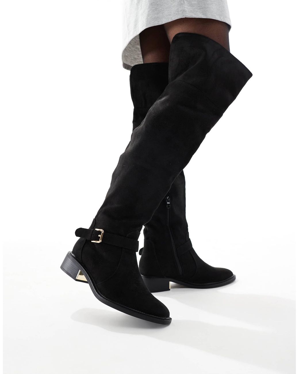 SEQWL Wide Fit Black Latte Buckle Detail Over The Knee Boots