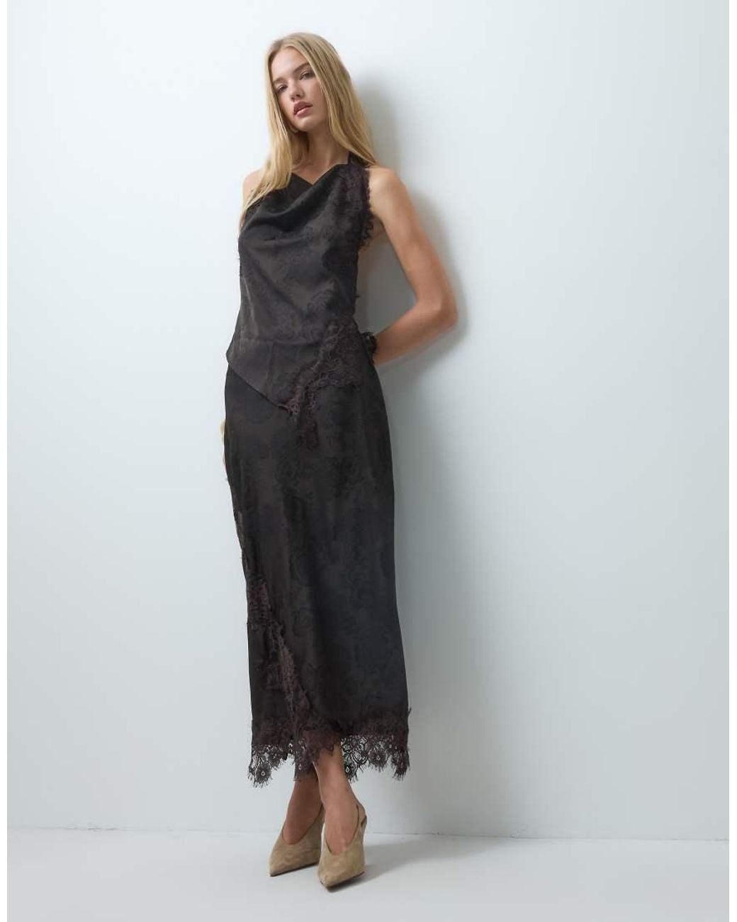 Vero Moda Gray Satin Halterneck Top With Lace Detail