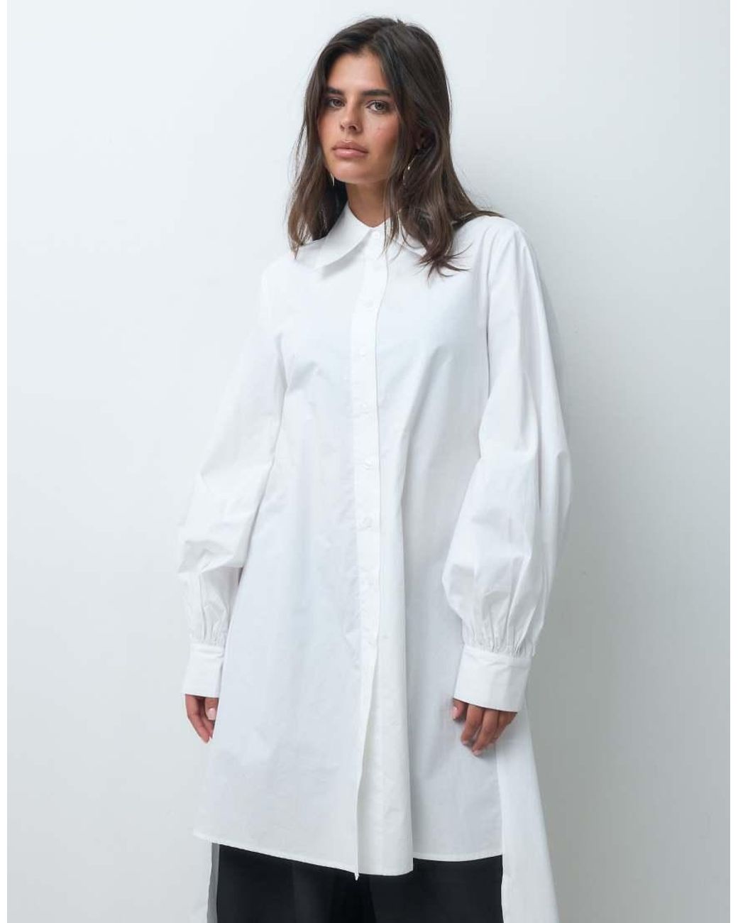 Iyal White Cotton Poplin Balloon Sleeve Oversized Caped Shirt
