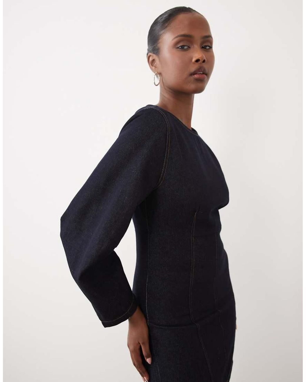 The Frolic Black Exclusive Denim Cinched Waist Balloon Sleeve Mini Dress