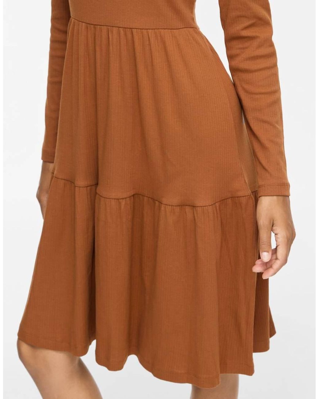 Vila Brown Sleeved Vihollie Ribbed Crew Neck Long Sleeve Medium Midi Dress