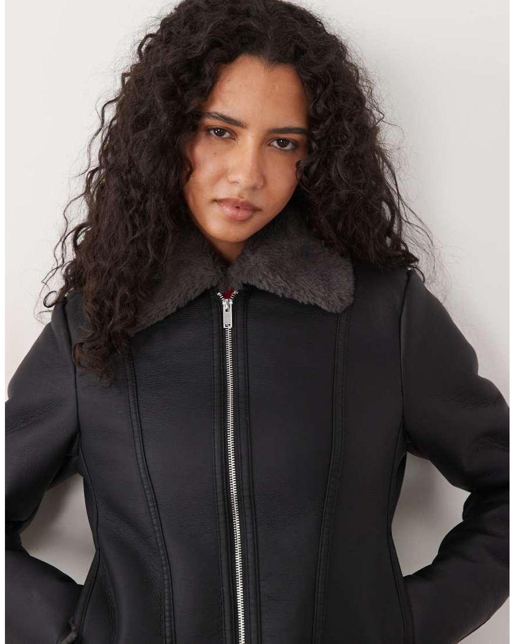 Mango Black Faux Leather Jacket With Faux Fur Trims