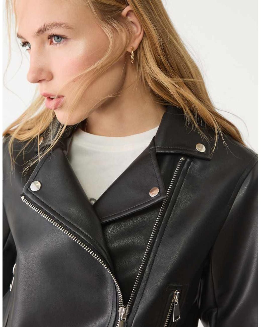 Stradivarius Gray Faux Leather Biker Jacket