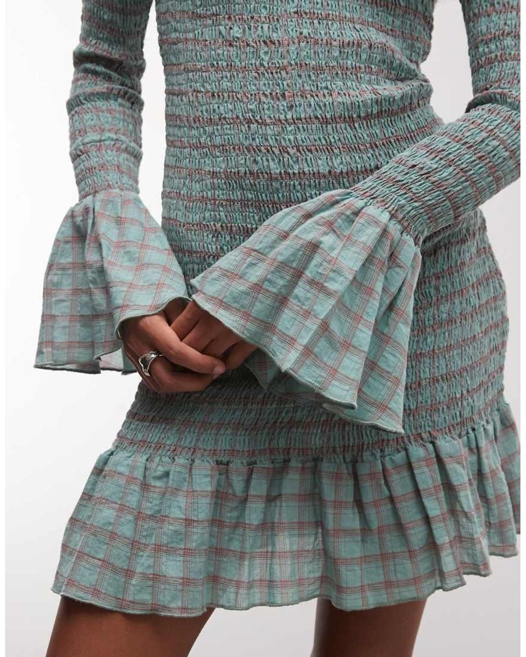 Daisy Street Gray Long Sleeve Shirred Mini Dress With Fluted Sleeve
