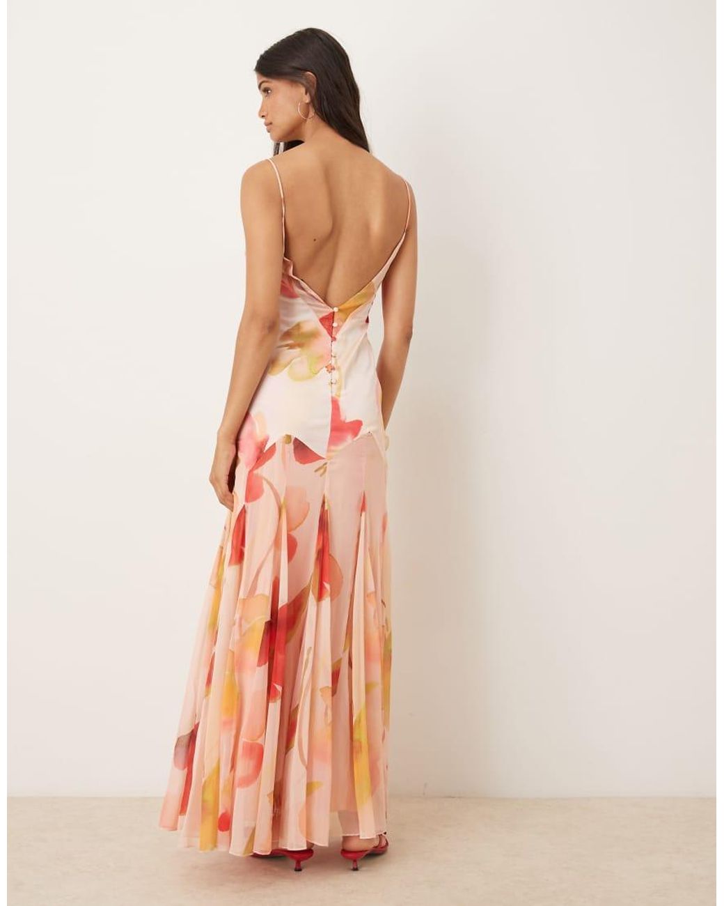 ASOS Pink Dropped Waist Satin And Chiffon Mix Maxi Dress With Full Godet Skirt