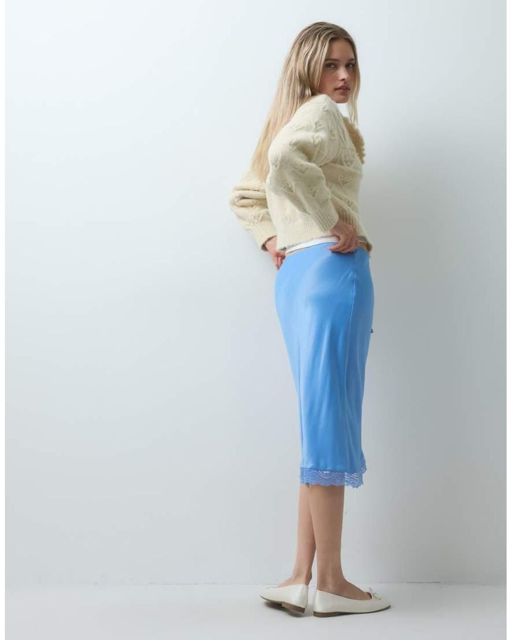 Reclaimed Vintage Blue Awkward Length Satin Midi Skirt With Lace Trim