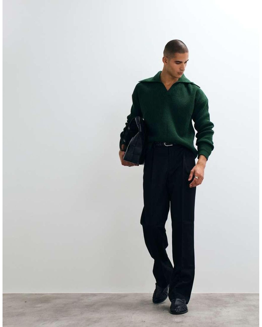 ASOS Green Oversized Knitted Extreme Open Collar Polo Jumper for men