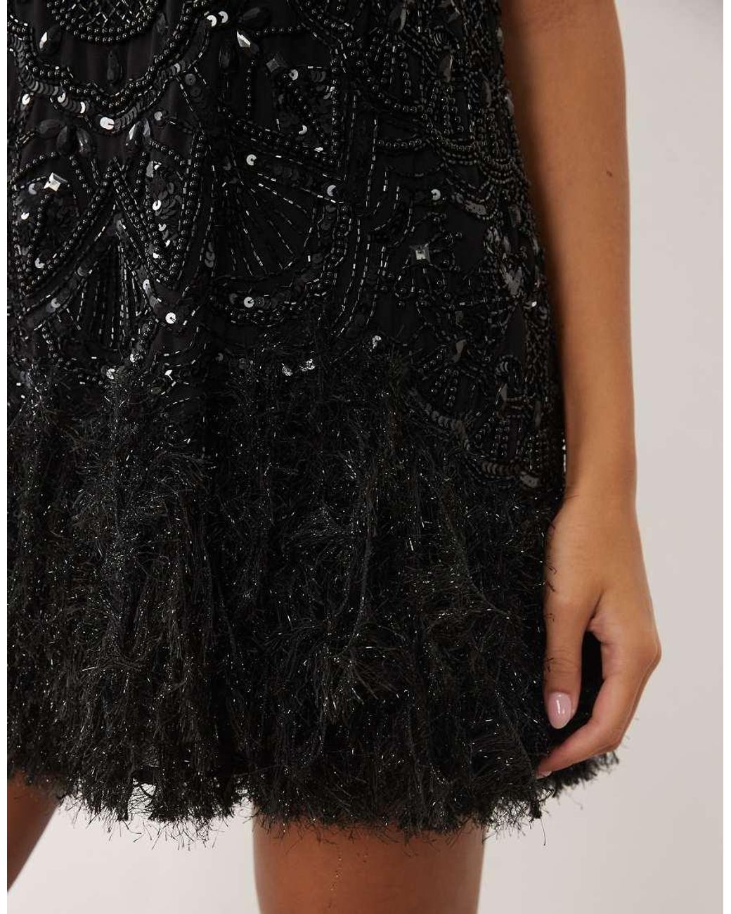 ASOS Black Embellished Scoop Neck Mini Dress With Faux Feather Hem