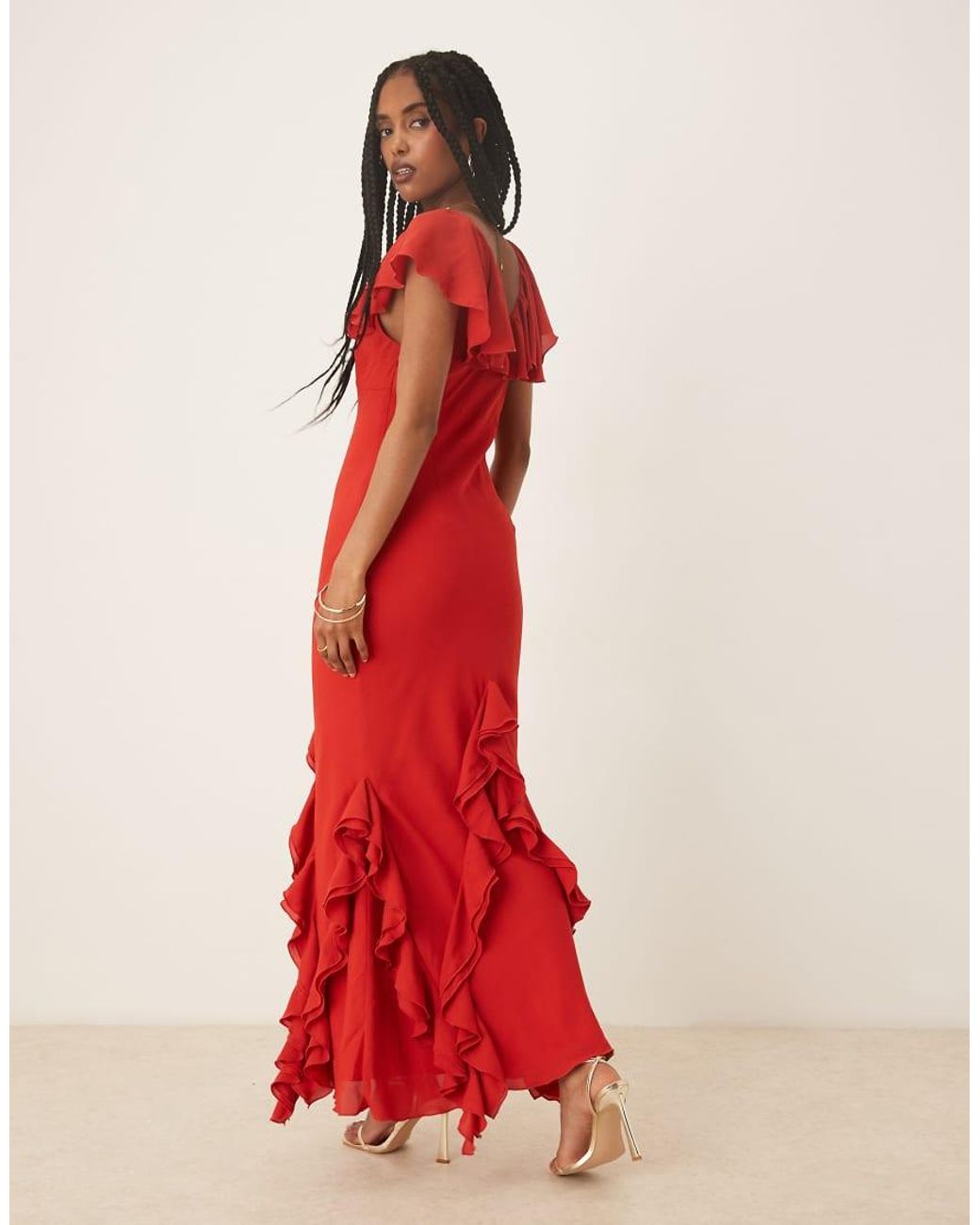 Pretty Lavish Red Uma Cap Sleeve Ruffle Maxi Dress