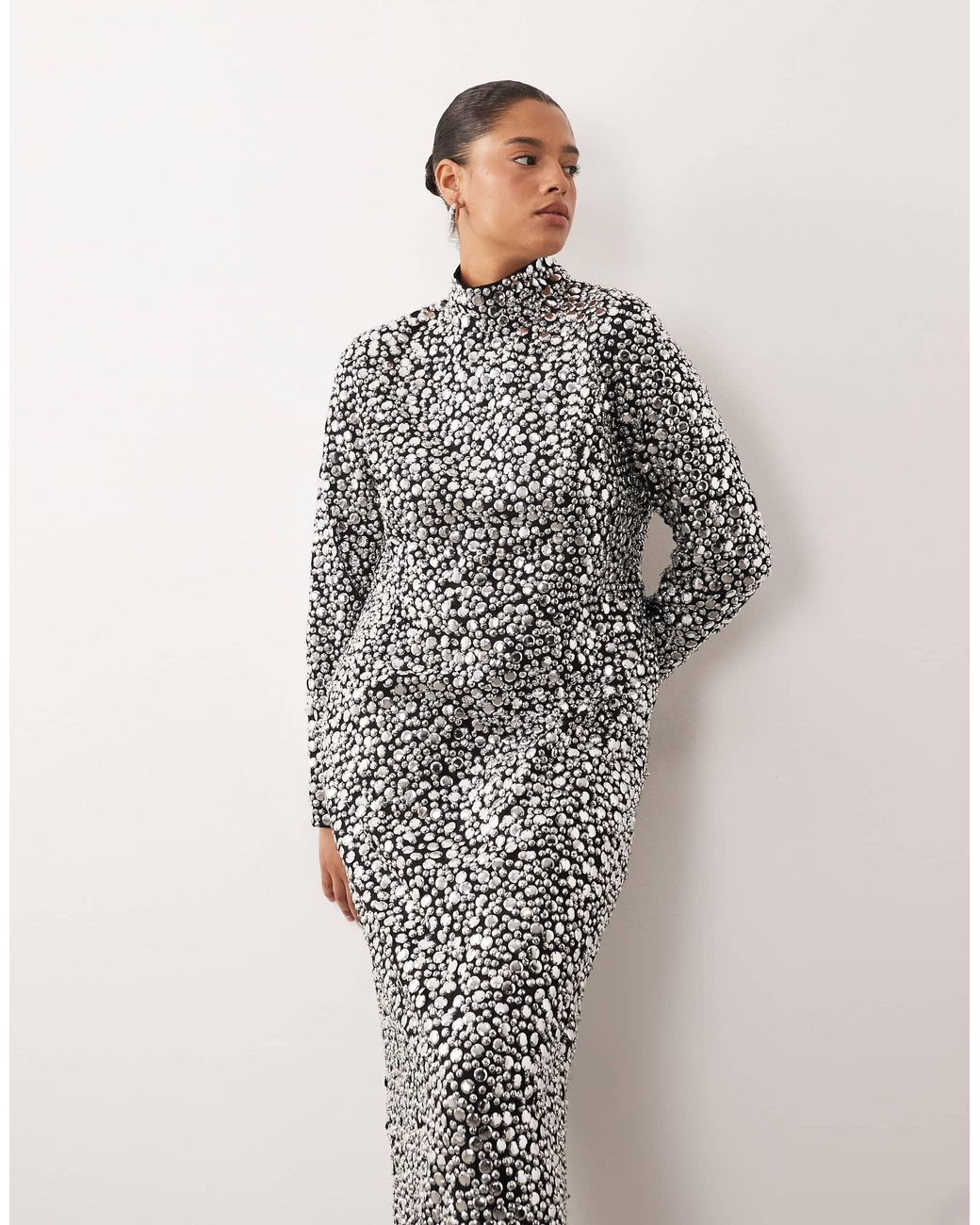 ARRANGE Curve Textural Sequin High Neck Long Sleeve Maxi Dress in Gray |  Lyst