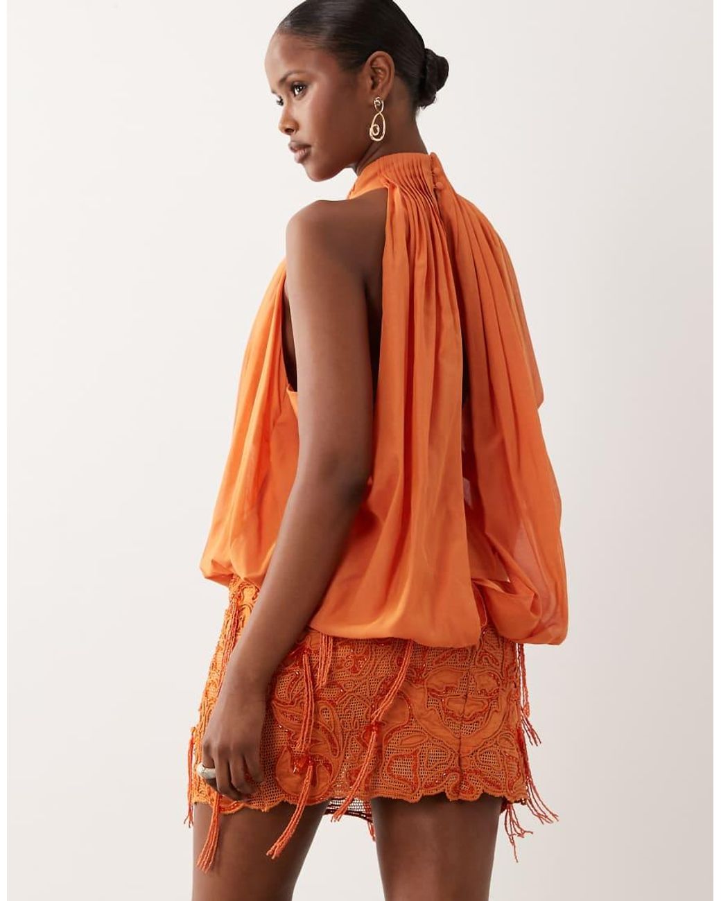 ASOS Orange Pleated Halter Neck Draped Embellished Mini Dress