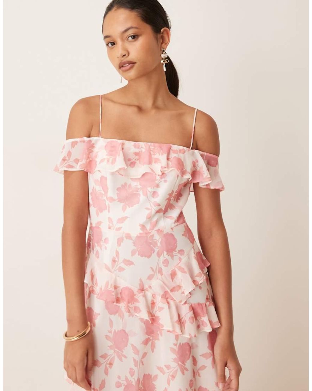 True Decadence Pink Cold Shoulder Asymmetric Ruffle Hi-Low Dress