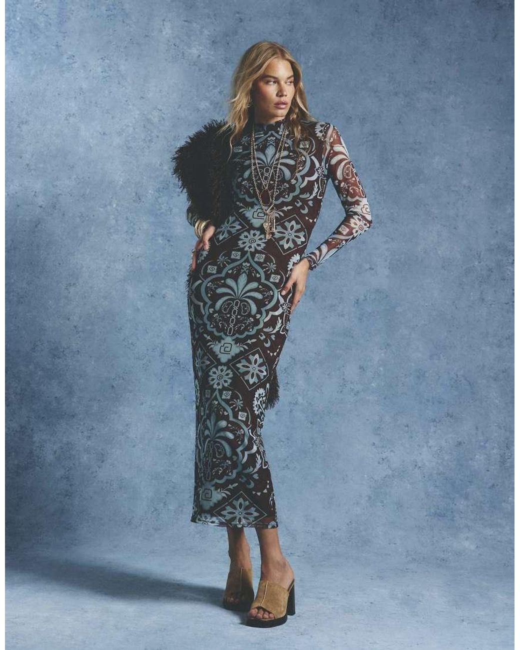River Island Blue Mesh Boutique Print Maxi Dress