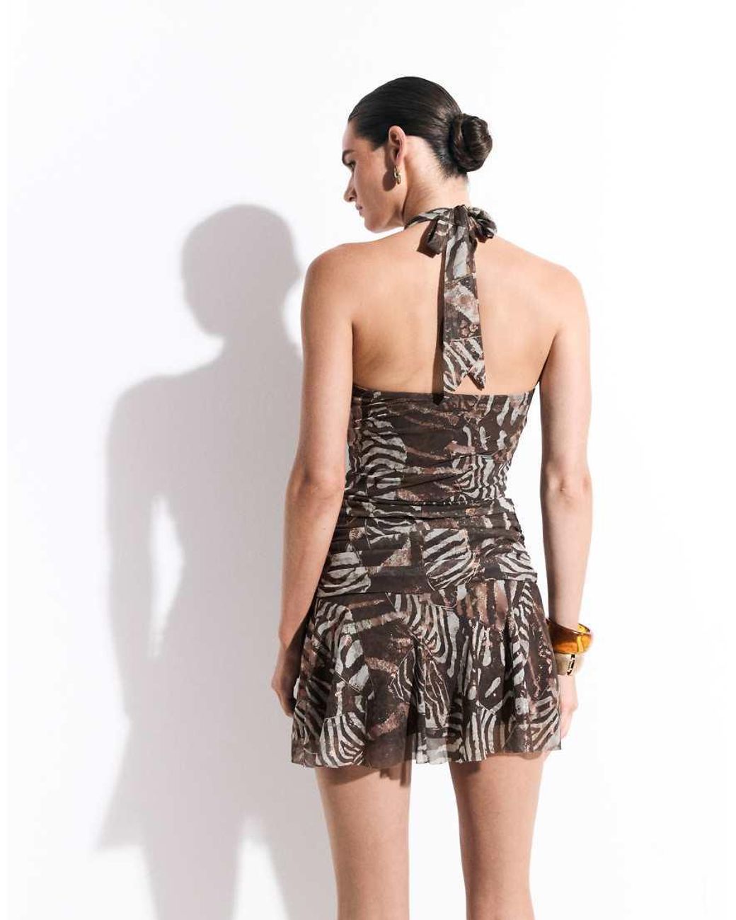 New Look Brown Animal Halter Neck Ruched Mini Dress