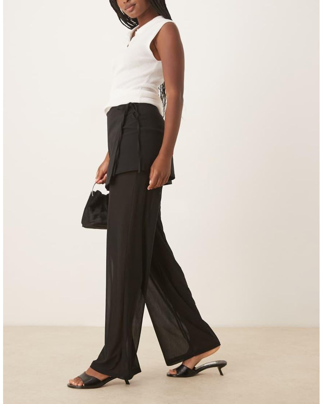 ASOS Brown Mixed Fabric Mesh Trouser With Tie Side Skirt Overlay