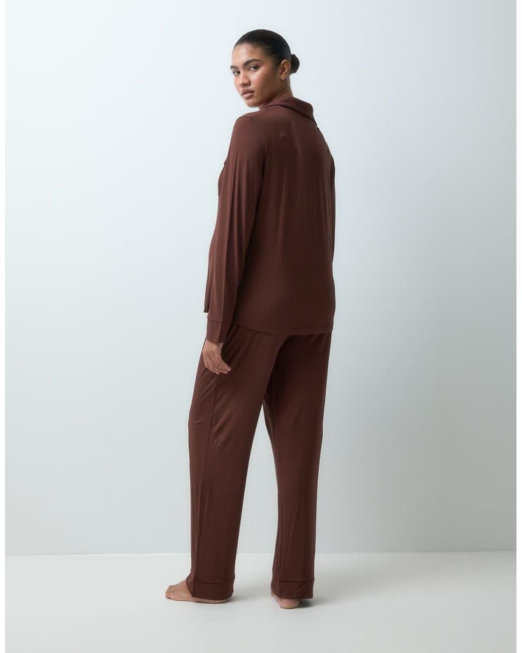ASOS Brown Asos Design Viscose Maternity Super Soft Long Sleeve Shirt & Trouser Pyjama Set