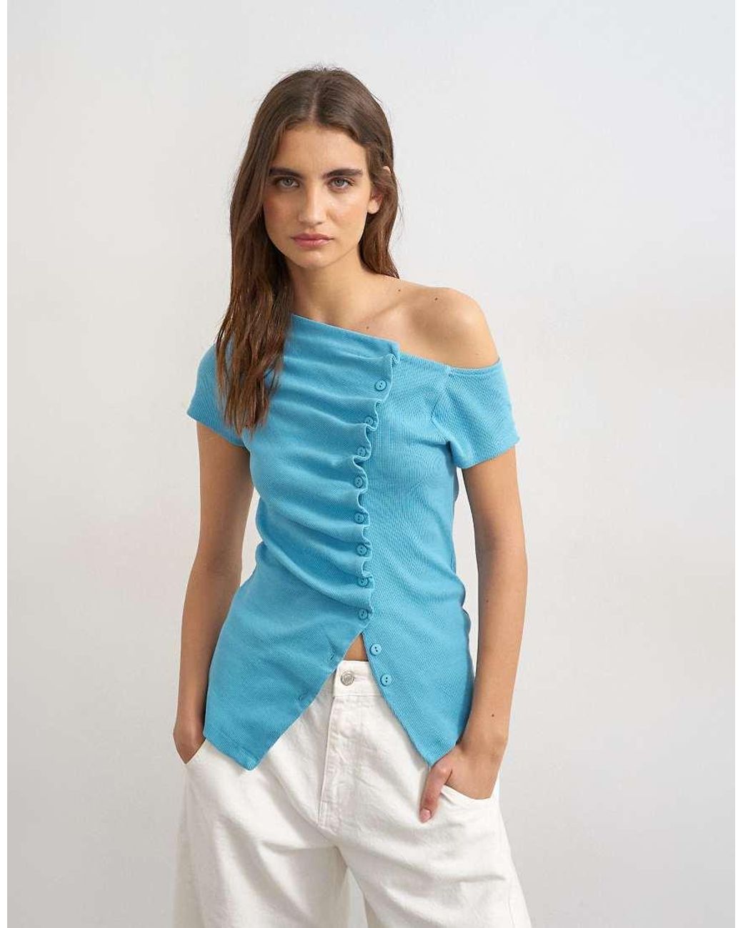 TOPSHOP Bardot-Top Met Knoopsluiting in het Blue