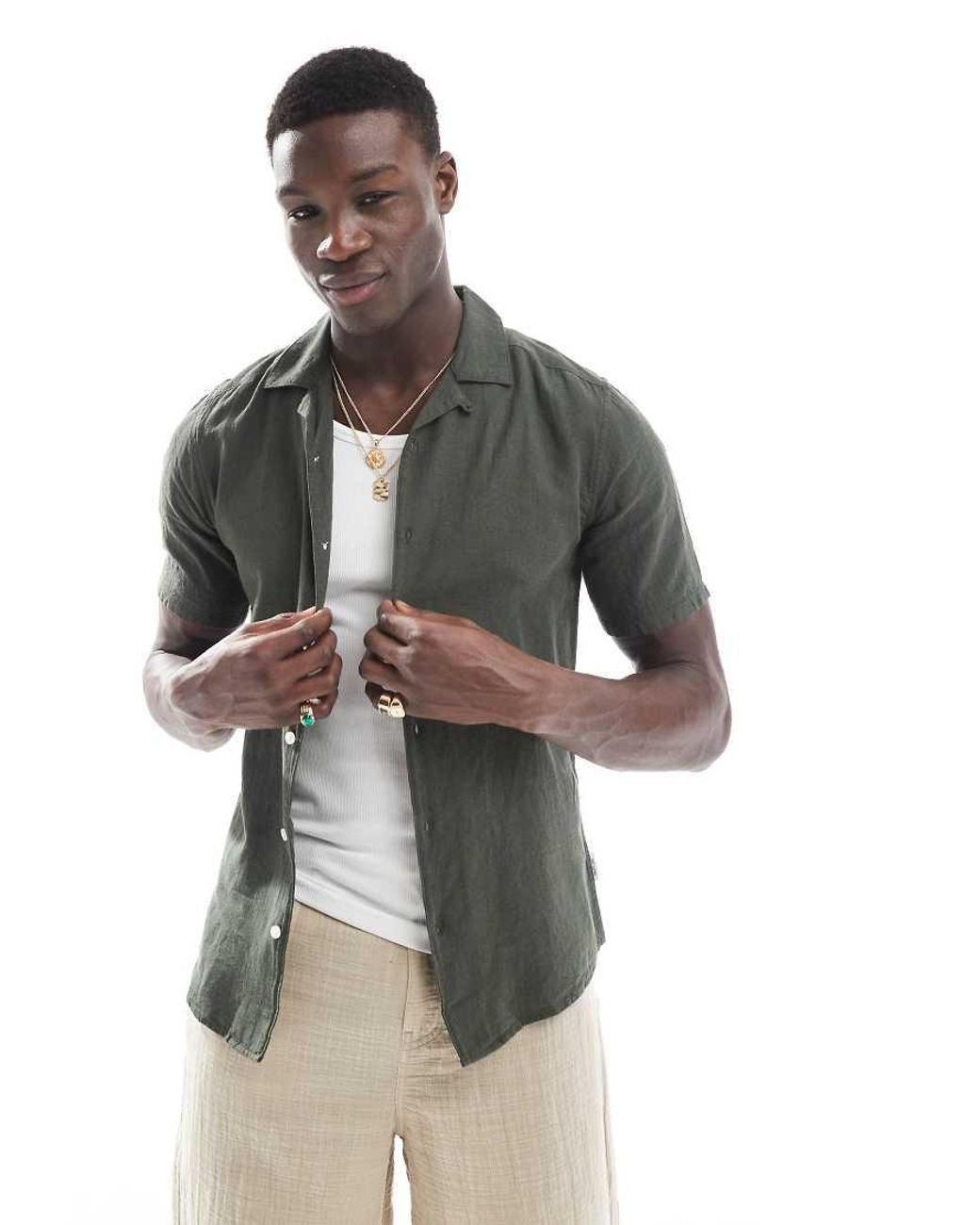 Only & Sons Gray Linen Mix Revere Collar Shirt for men