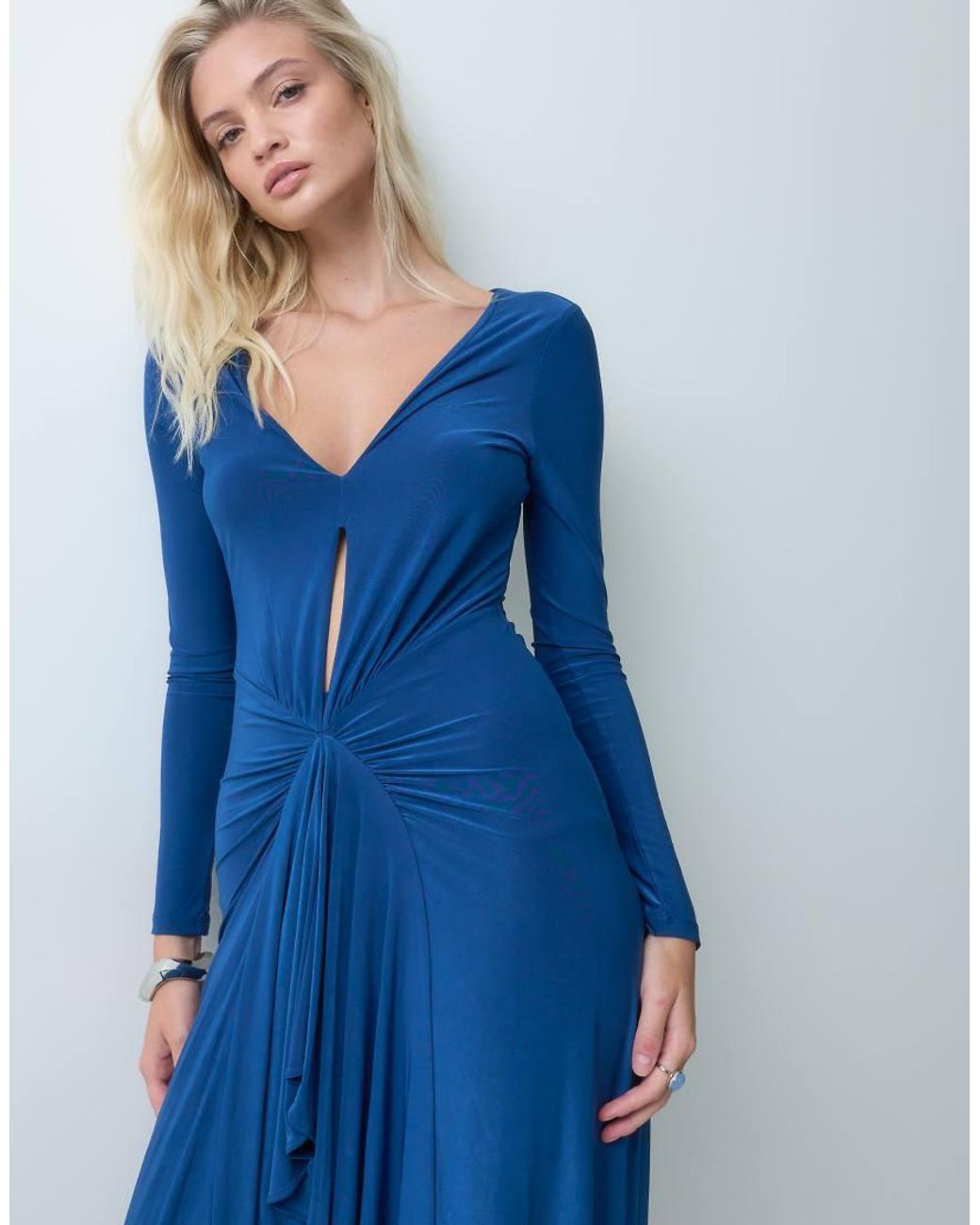 ASOS Blue Long Sleeve Plunge Gathered Front Maxi Dress