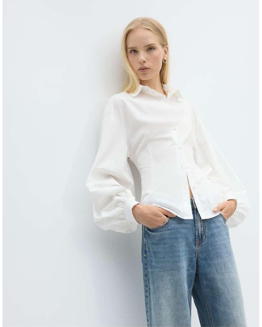 Stradivarius Blue Balloon Sleeve Poplin Shirt