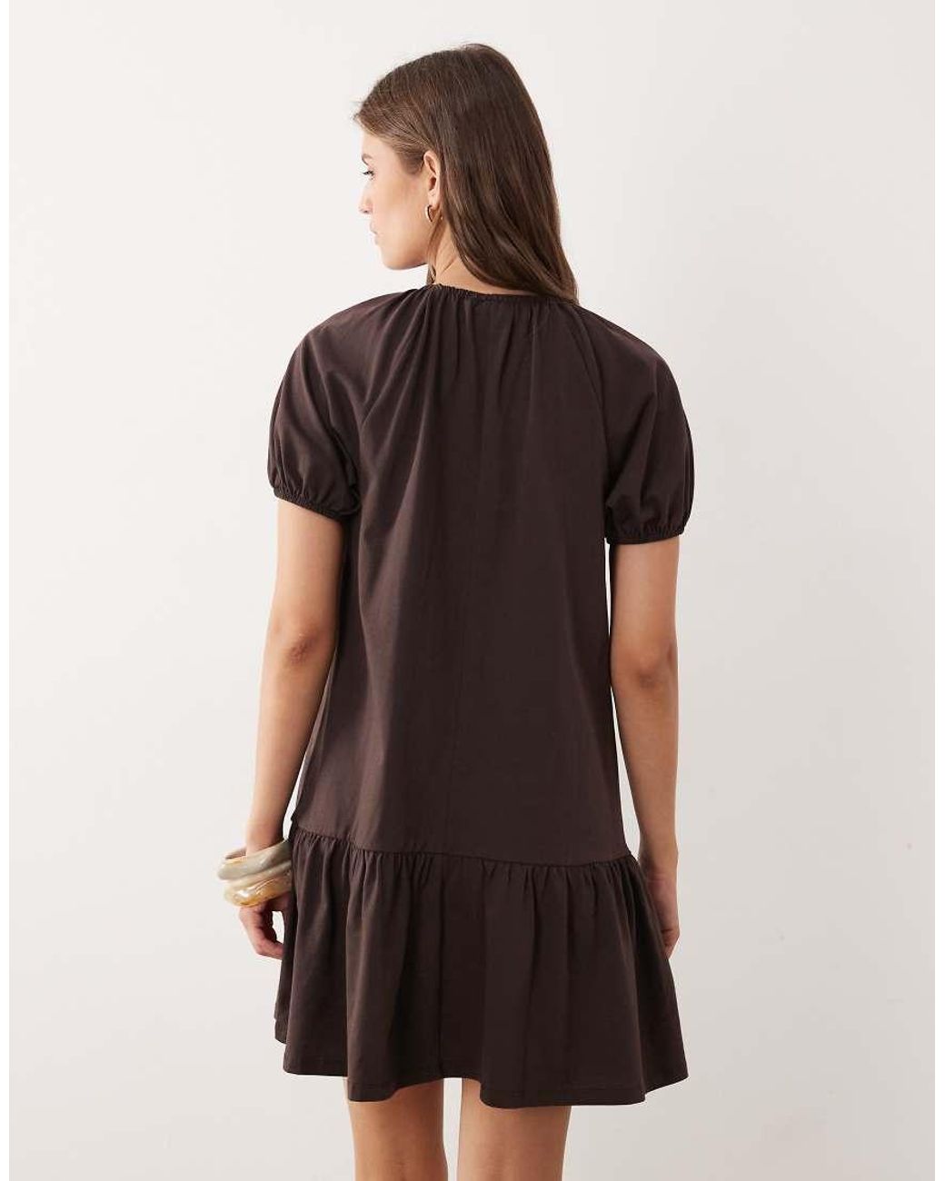 ASOS Brown Puff Sleeve Mini Dress With Gathering Details