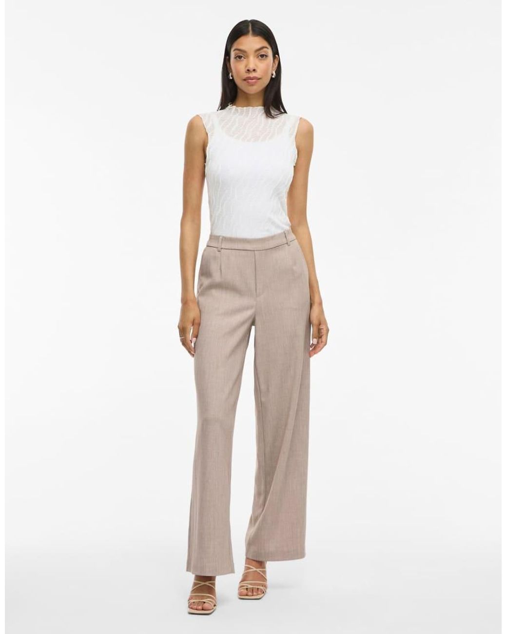 Vila Natural High Waisted Wide Leg Tailored Trousers
