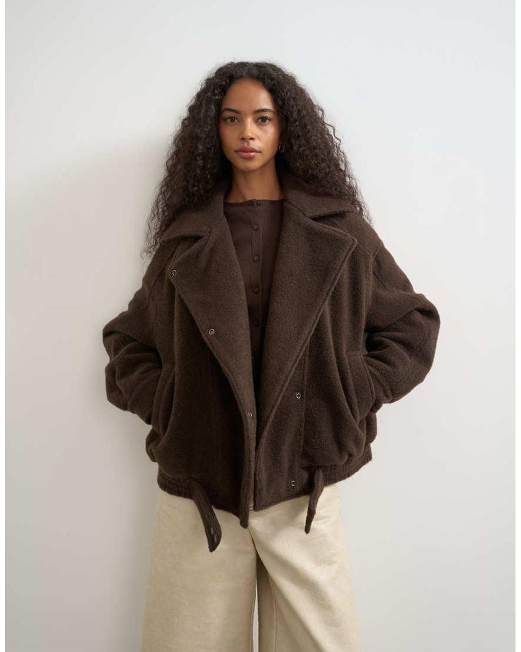 TOPSHOP Gray Funnel Neck Wool Belted Bomber Jacket
