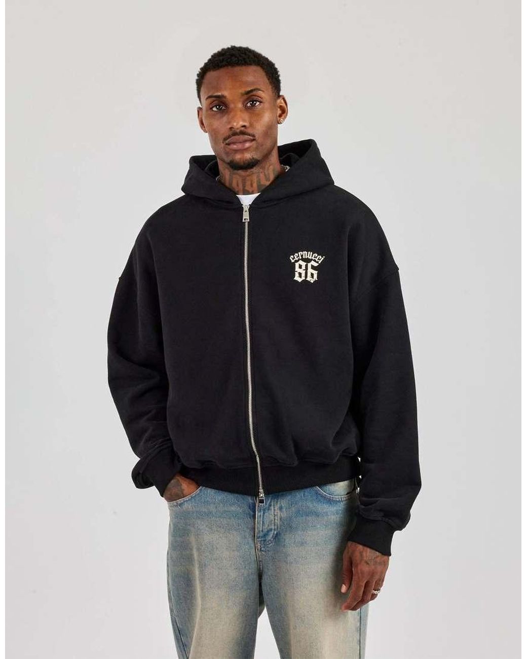 CERNUCCI Black 86 Back Print Zip Through Boxy Hoodie for men