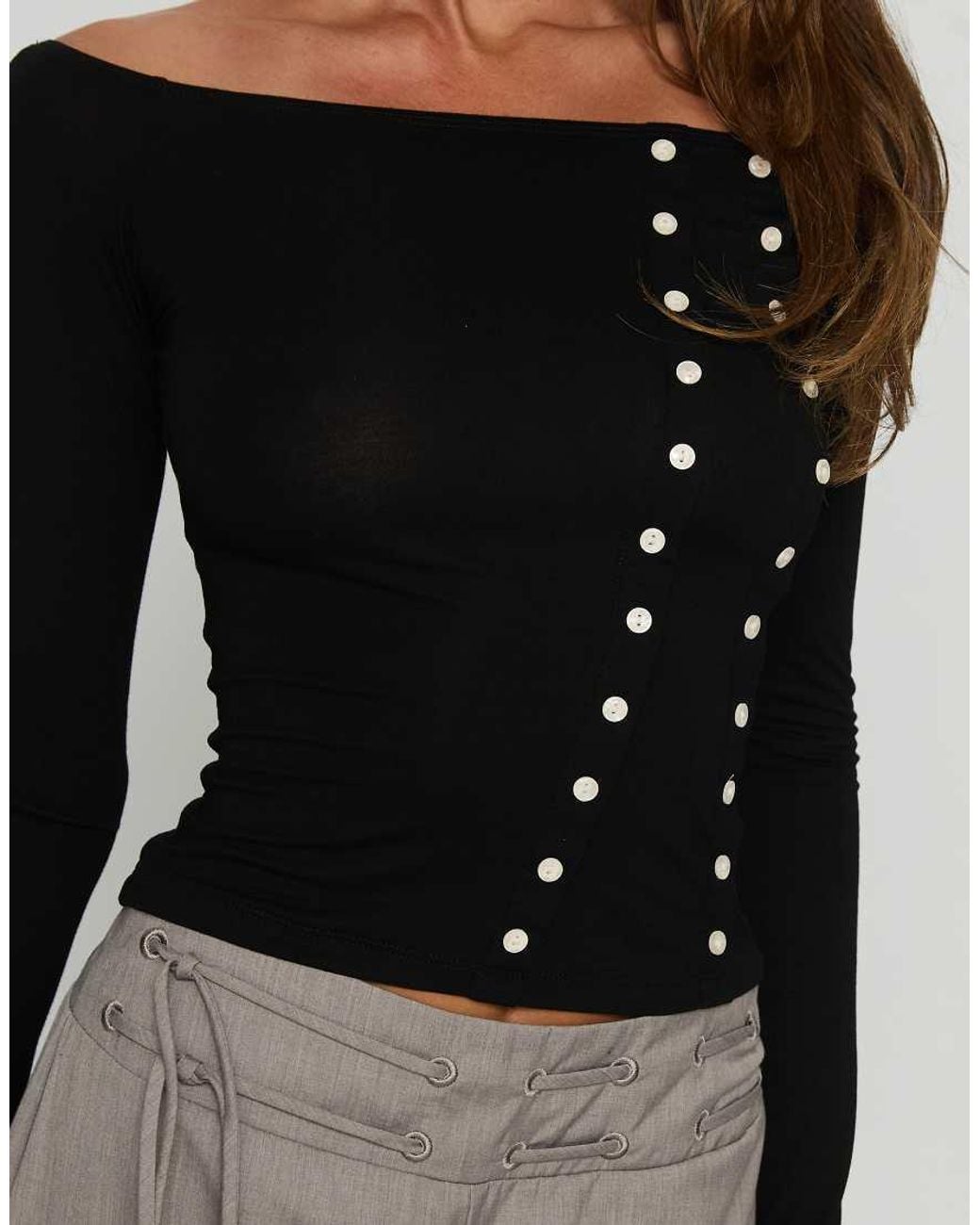 Princess Polly Black Jillianna Cotton Rich Bardot Button Detail Long Sleeve Top