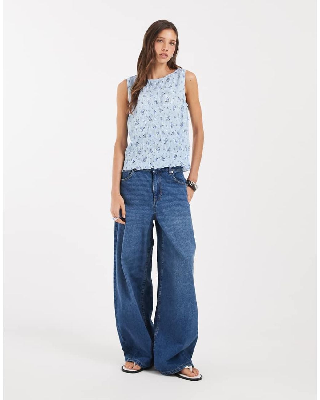 Pieces Blue Sleeveless Slash Neck Plisse Top