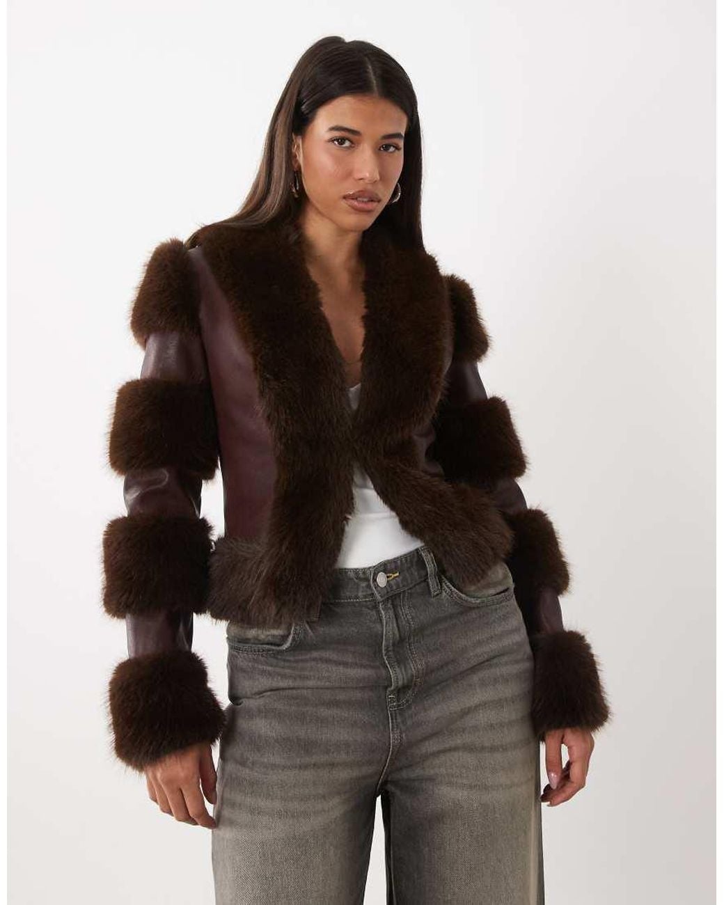 I.AM.GIA Brown Vrai Textured Leather Look Panelled Faux Fur Trim Fitted Jacket
