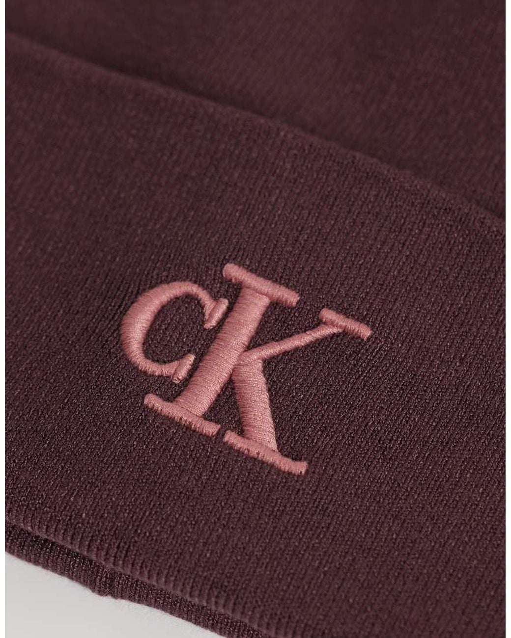 Calvin Klein Purple Monogram Rib Beanie With Pink Logo