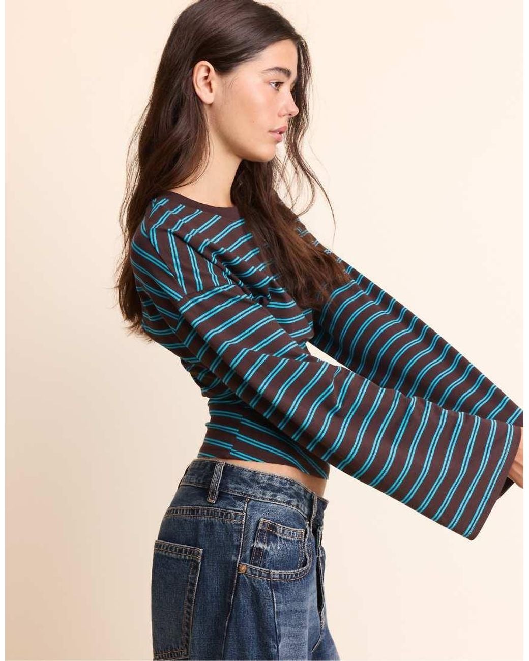 Stradivarius Blue Long Sleeve Striped T-Shirt With Ruched Waist