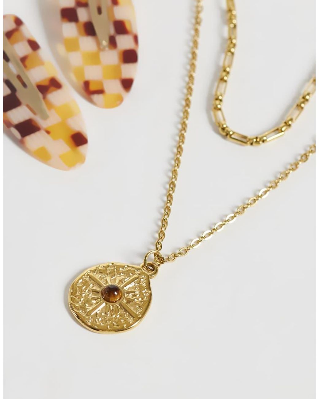 ASOS Metallic Waterproof Stainless Steel 2 Pack Faux Tigers Eye Stone Coin Pendant And Chain Necklace for men