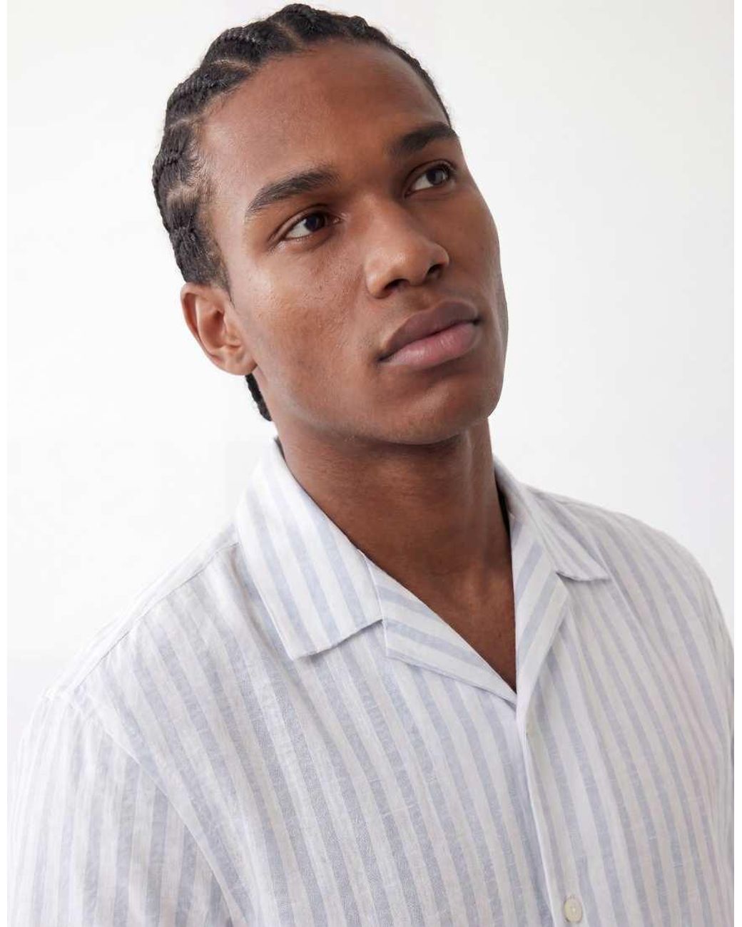 SELECTED White Linen Blend Short Wide Stripe Sleeve Shirt for men