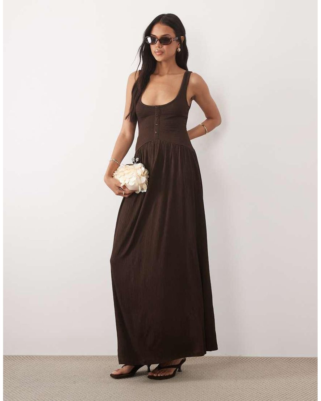 ASOS Brown Crinkle Button Through Midi Dress