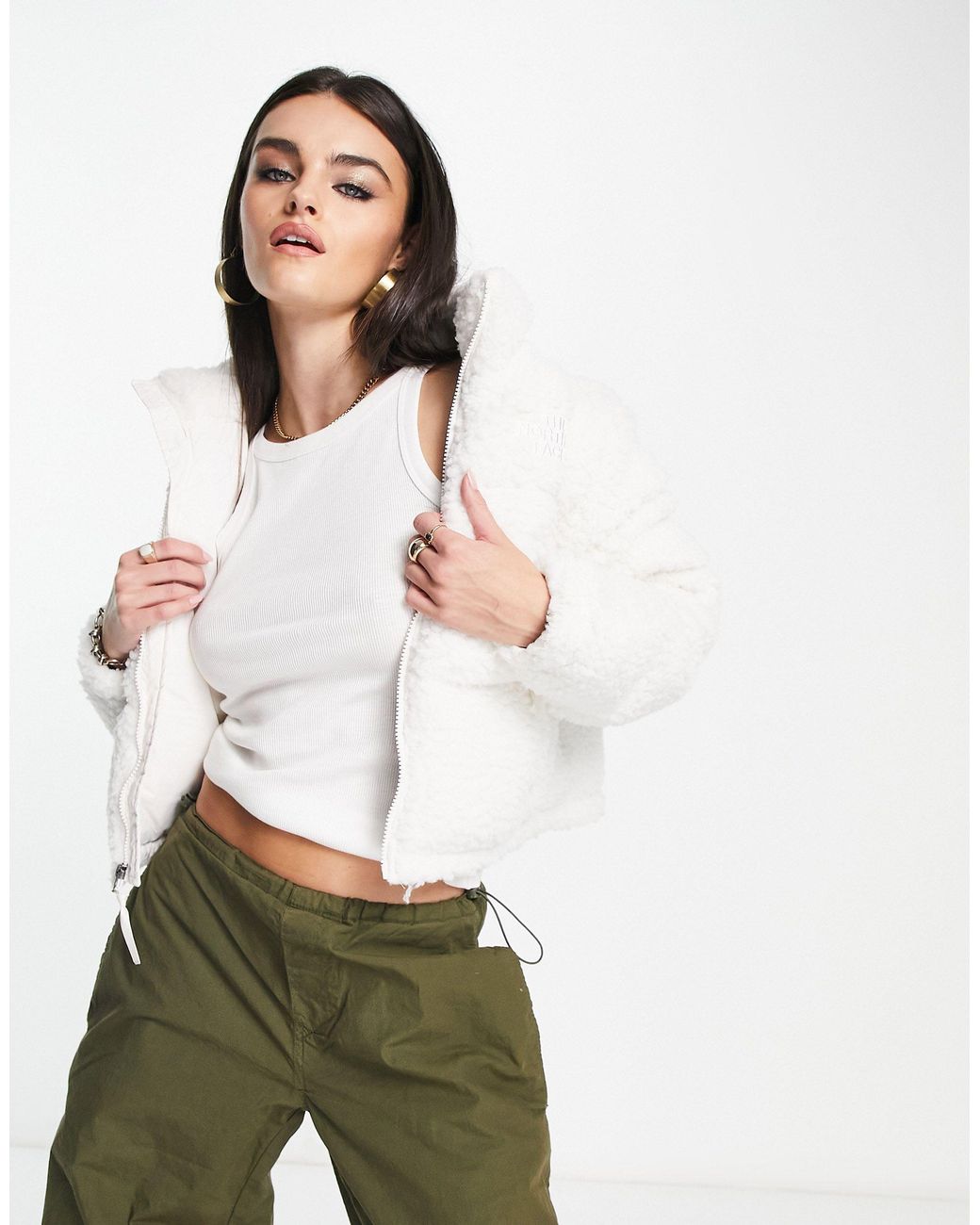 The North Face Nuptse Cropped High Pile Down Jacket in White | Lyst  Australia