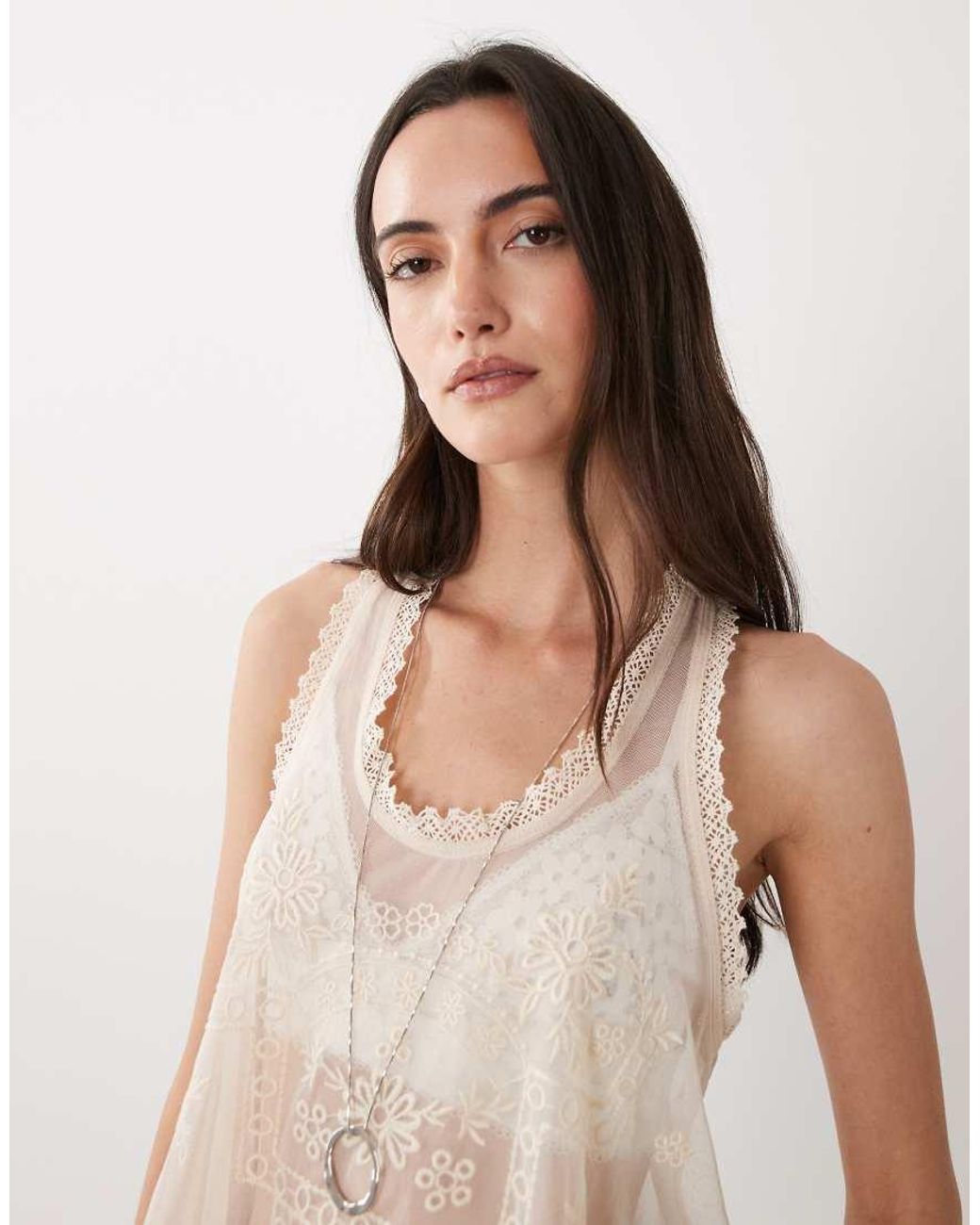 Miss Selfridge Natural Festival Embroidered Mesh Cami Top