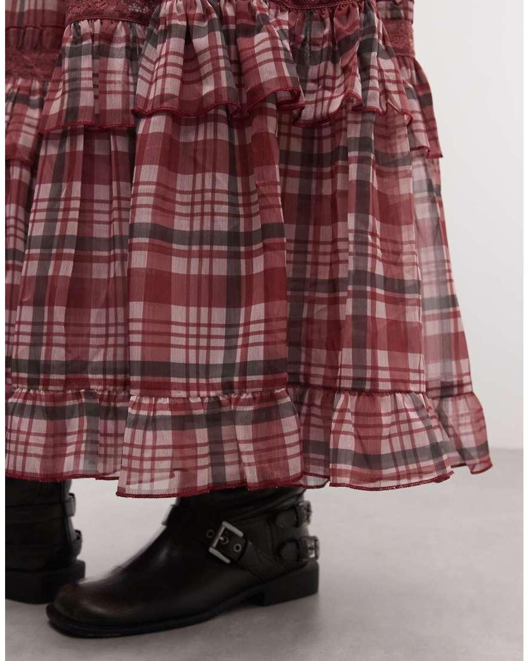 Reclaimed Vintage Red Chiffon Check Maxi Skirt