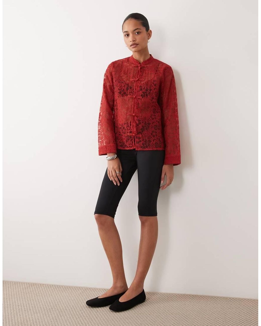Object Red Long Sleeve Sleeve Mandarin Button Front Lace Top