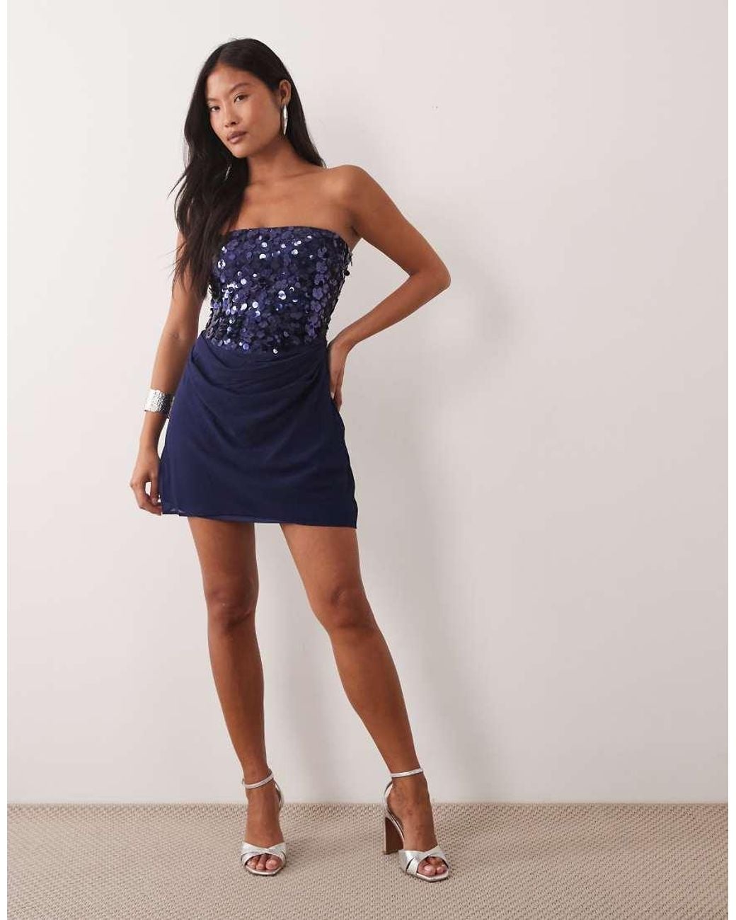 TFNC London Blue Floral Sequin Chiffon Drape Detail Mini Dress