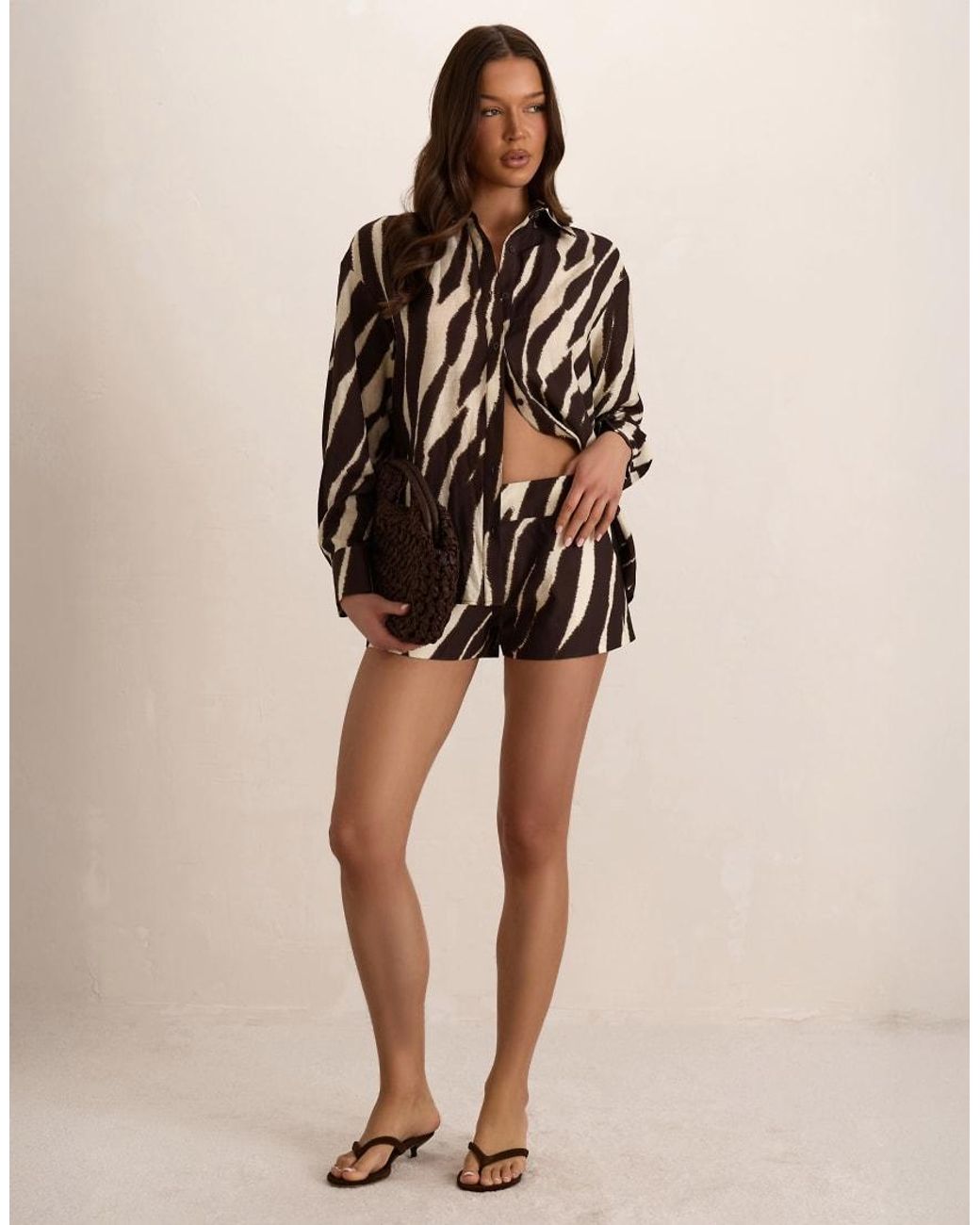 Missy Empire Brown Woven Zebra Oversized Shirt Cuffed