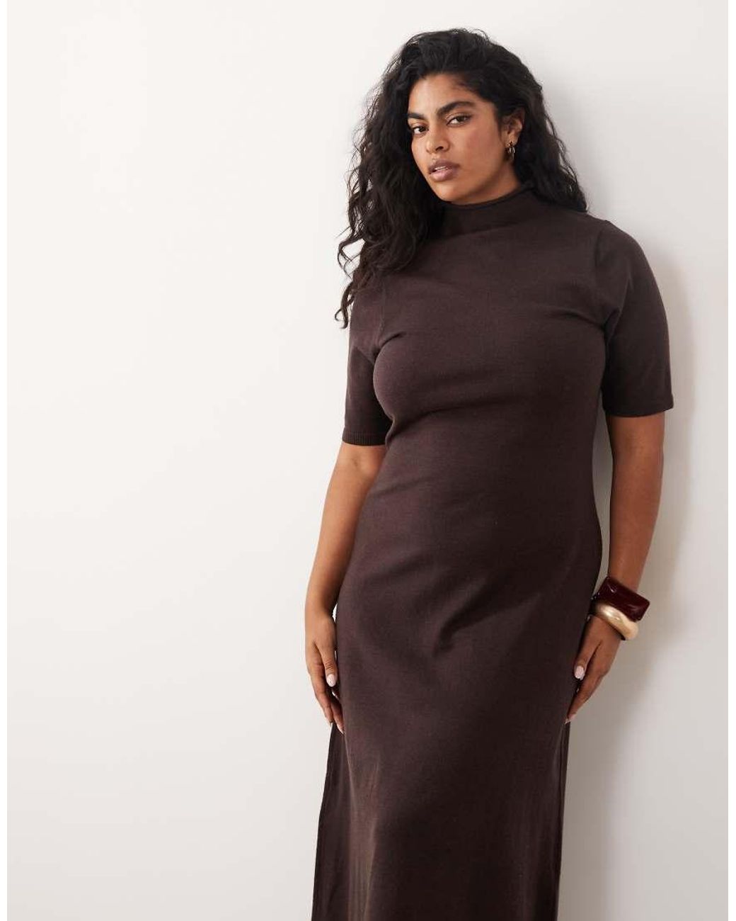 Pretty Lavish Curve Brown Knitted High Neck Short Sleeve Maxi Dress
