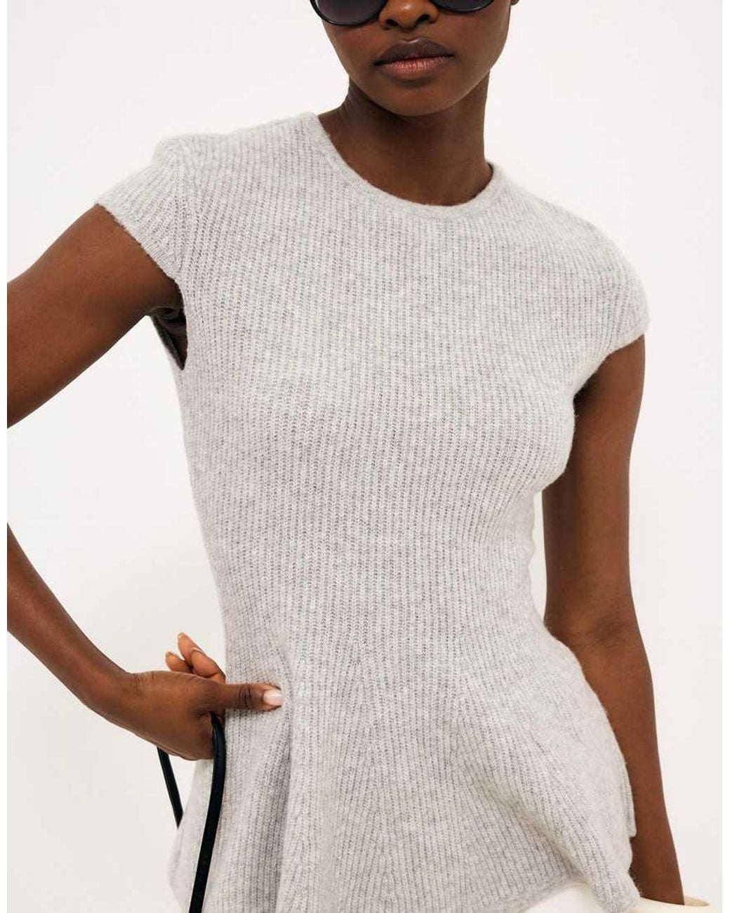 NA-KD Gray Wool Blend Rib Knitted Peplum Top