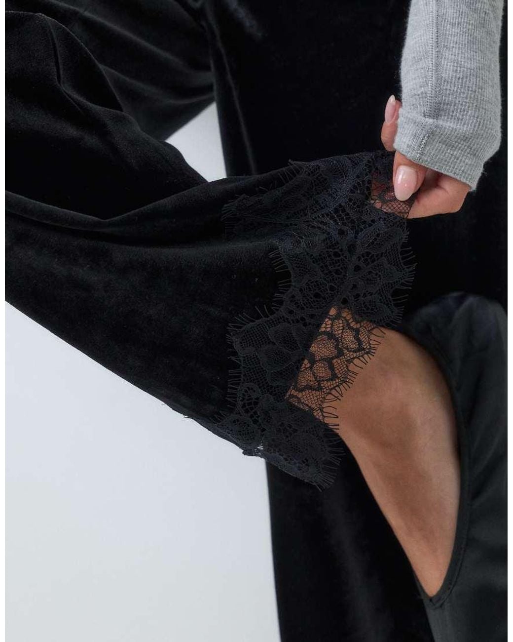 Vila Gray Lace Trim Wide Leg Velvet Trousers