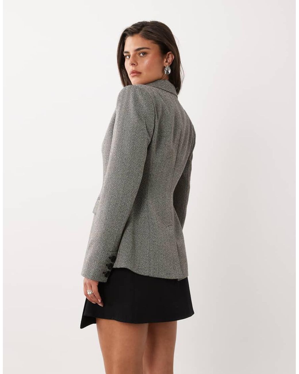 Nobody's Child Gray Wool Mix Wool Feel Herringbone Padded Shoulder Cinched Waist Blazer