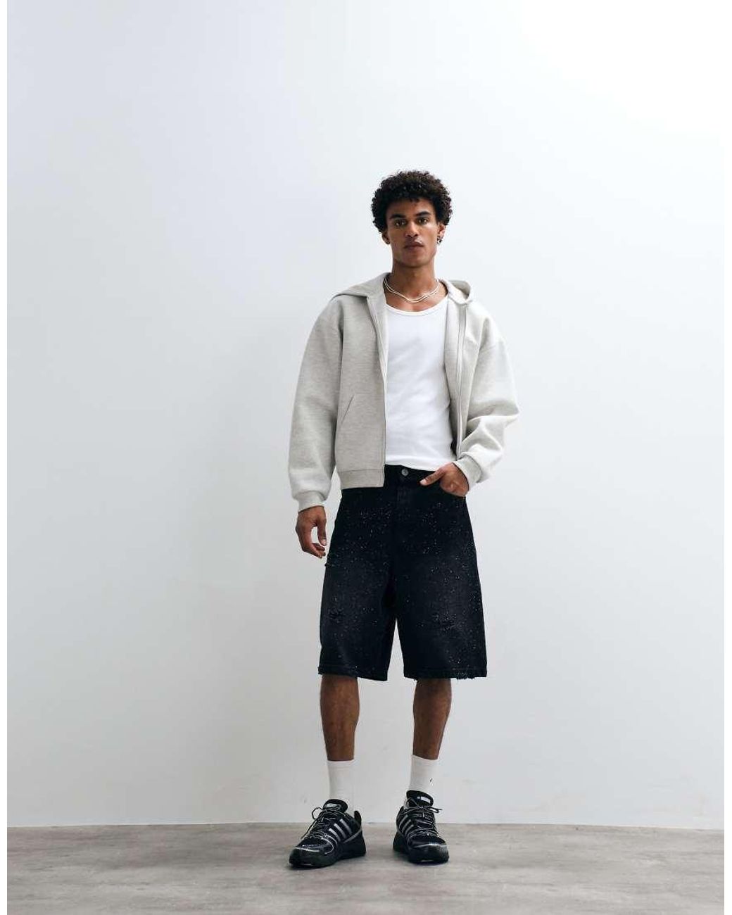 Courtside White Embellished Distressed Denim Jorts for men