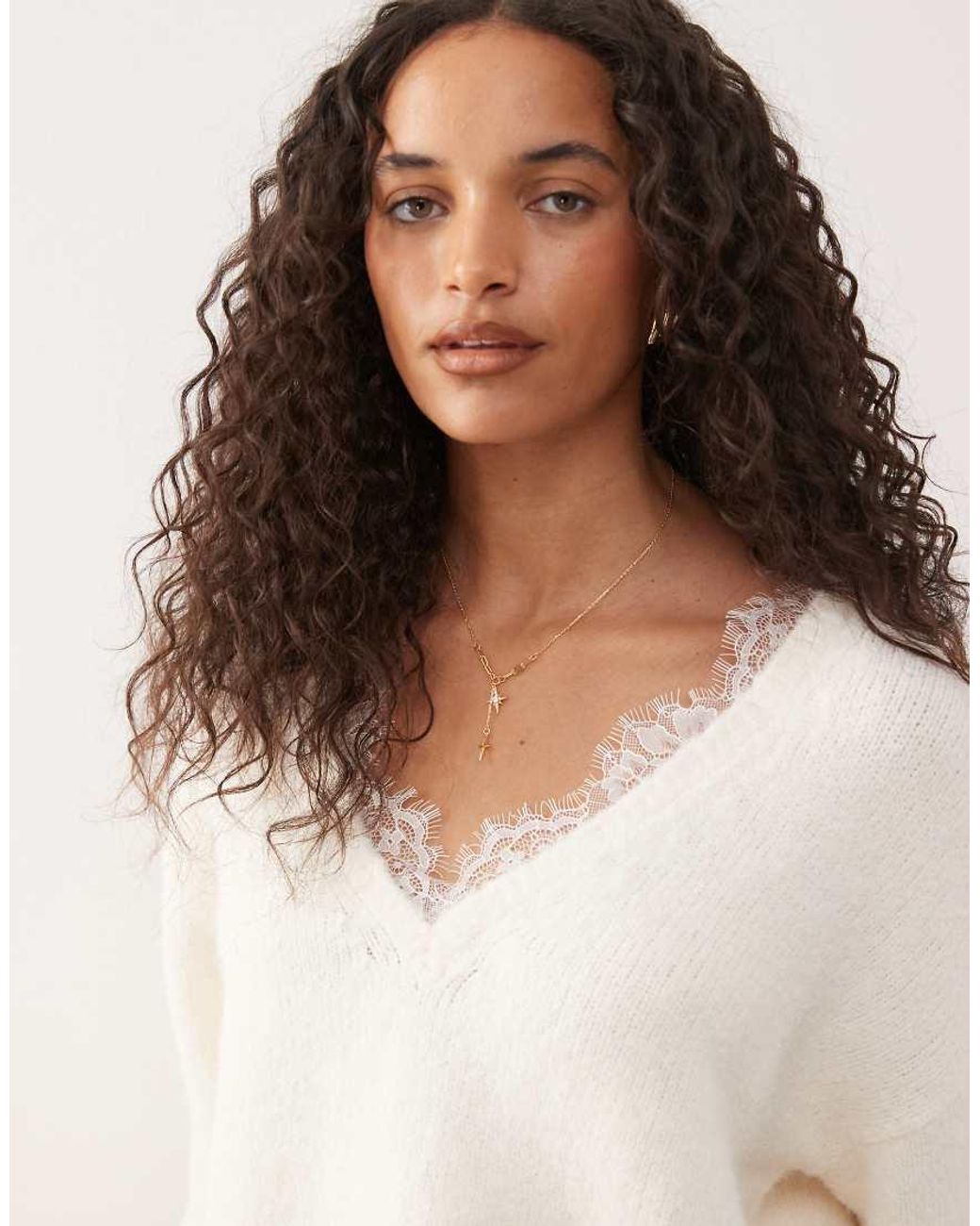 Monki White Exclusive Fluffy Knitted V-neck Jumper With Lace Trim