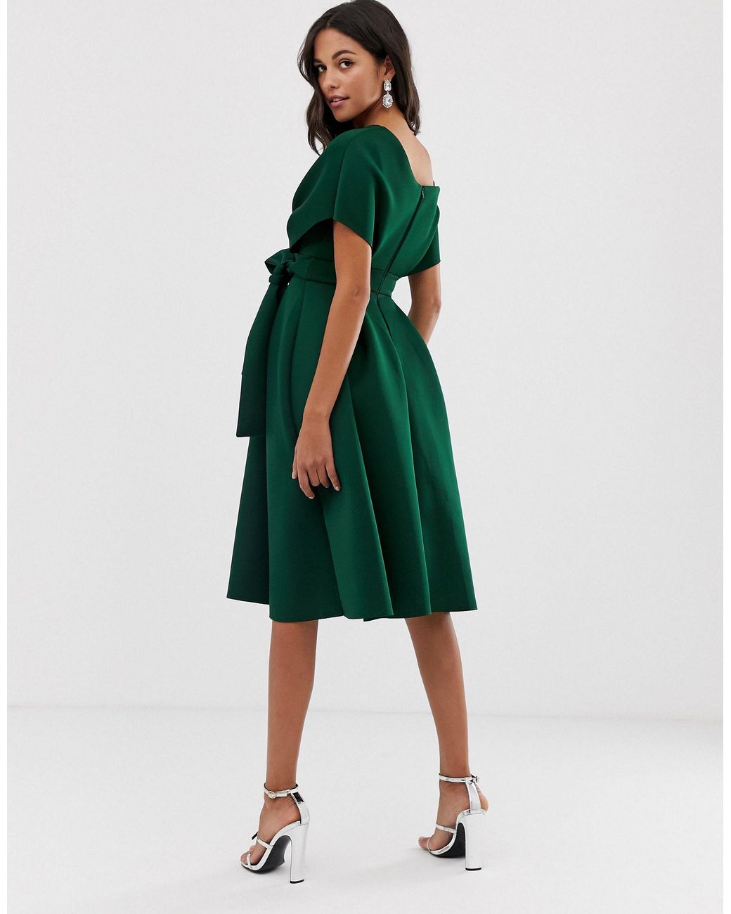 Fallen shoulder midi pencil dress with tie detail hotsell
